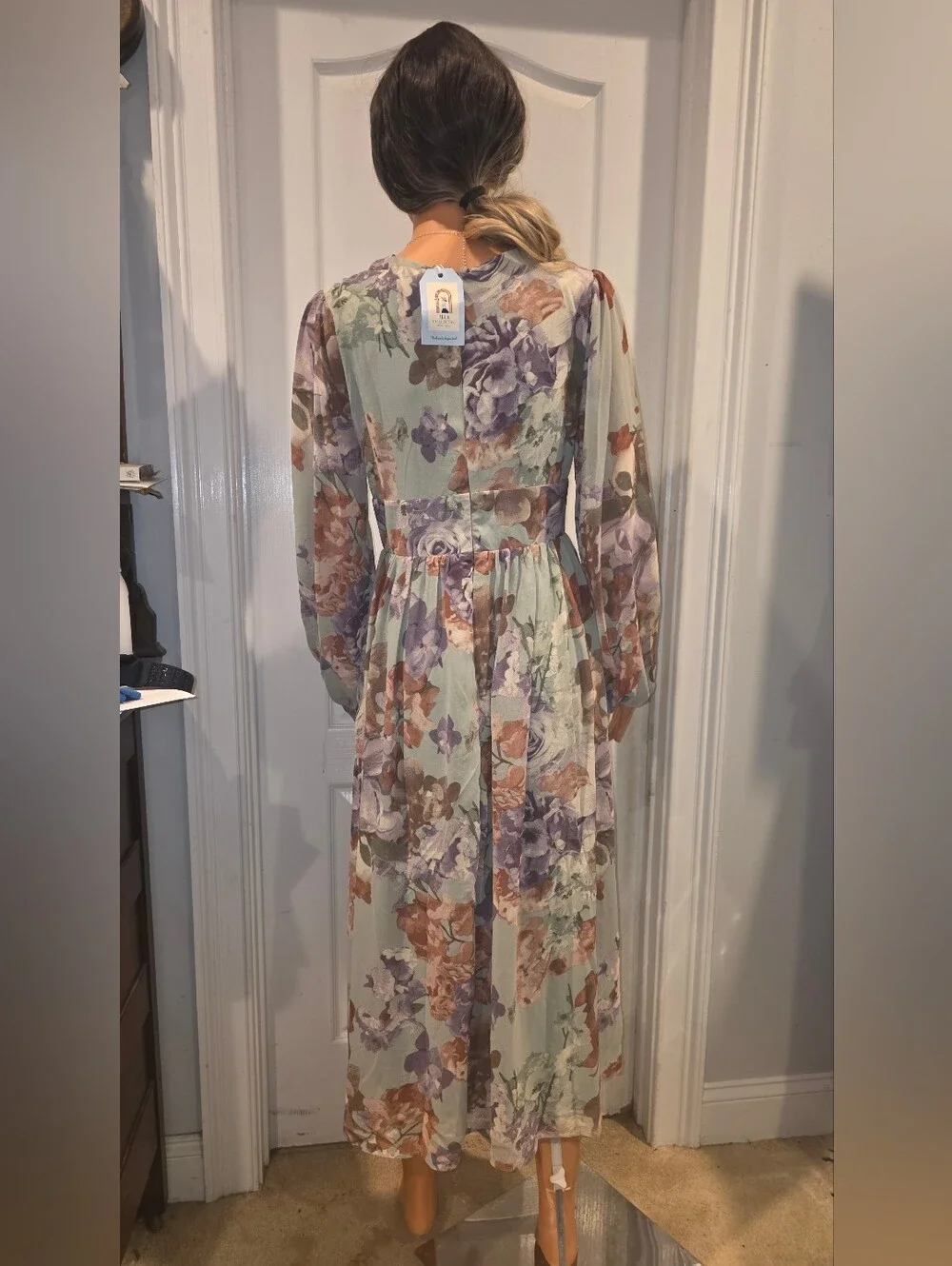 Sage Floral V-Neck Maxi Dress with Long Bishop Sleeves - Picture 2 of 3